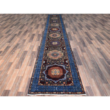 Load image into Gallery viewer, 2&#39;6&quot;x15&#39;9&quot; Graphite With Cerulean Blue, Hand Knotted 200 KPSI, Vegetable Dyes, Organic Wool, 14th Century Mamluk Dynasty Design Oriental XL Runner Rug FWR520482