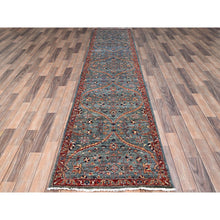 Load image into Gallery viewer, 2&#39;6&quot;x11&#39;8&quot; Deep Jungle Green and Brick Red, Vegetable Dyes, Mamluk Dynasty With All Over Pattern, Soft Wool, Runner Hand Knotted Oriental Rug FWR520524