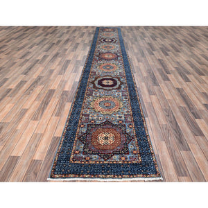 2'8"x15'4" Sapphire With Indigo Blue, Hand Knotted, 200 KPSI, 14th Century Mamluk Dynasty With Large Elements Design, Natural Dyes, 100% Wool XL Runner Oriental Rug FWR520554