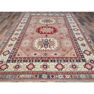 6'4"x9'2" Sepia Rose Pink With Cotton White, Hand Knotted, Organic Wool and Denser Weave, Natural Dyes, Kazak with All Over Motifs, Oriental Rug FWR520710