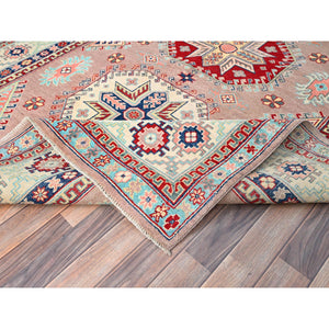 6'4"x9'2" Sepia Rose Pink With Cotton White, Hand Knotted, Organic Wool and Denser Weave, Natural Dyes, Kazak with All Over Motifs, Oriental Rug FWR520710