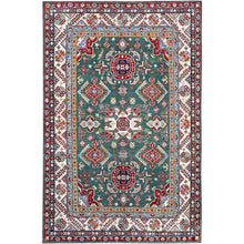 Load image into Gallery viewer, 6&#39;1&quot;x9&#39;2&quot; Lush Meadow Green With Pearly White, Kazak with Throughout Geometric Motifs, Vegetable Dyes, Denser Weave, Extra Soft Wool, Hand Knotted, Oriental Rug FWR520824