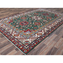 Load image into Gallery viewer, 6&#39;1&quot;x9&#39;2&quot; Lush Meadow Green With Pearly White, Kazak with Throughout Geometric Motifs, Vegetable Dyes, Denser Weave, Extra Soft Wool, Hand Knotted, Oriental Rug FWR520824