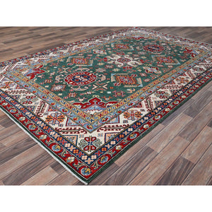 6'1"x9'2" Lush Meadow Green With Pearly White, Kazak with Throughout Geometric Motifs, Vegetable Dyes, Denser Weave, Extra Soft Wool, Hand Knotted, Oriental Rug FWR520824