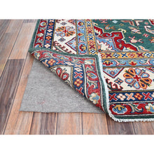 Load image into Gallery viewer, 6&#39;1&quot;x9&#39;2&quot; Lush Meadow Green With Pearly White, Kazak with Throughout Geometric Motifs, Vegetable Dyes, Denser Weave, Extra Soft Wool, Hand Knotted, Oriental Rug FWR520824