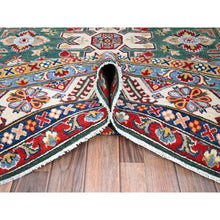 Load image into Gallery viewer, 6&#39;1&quot;x9&#39;2&quot; Lush Meadow Green With Pearly White, Kazak with Throughout Geometric Motifs, Vegetable Dyes, Denser Weave, Extra Soft Wool, Hand Knotted, Oriental Rug FWR520824