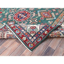 Load image into Gallery viewer, 6&#39;1&quot;x9&#39;2&quot; Lush Meadow Green With Pearly White, Kazak with Throughout Geometric Motifs, Vegetable Dyes, Denser Weave, Extra Soft Wool, Hand Knotted, Oriental Rug FWR520824