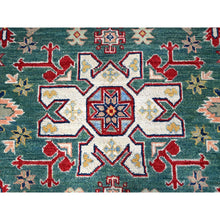 Load image into Gallery viewer, 6&#39;1&quot;x9&#39;2&quot; Lush Meadow Green With Pearly White, Kazak with Throughout Geometric Motifs, Vegetable Dyes, Denser Weave, Extra Soft Wool, Hand Knotted, Oriental Rug FWR520824