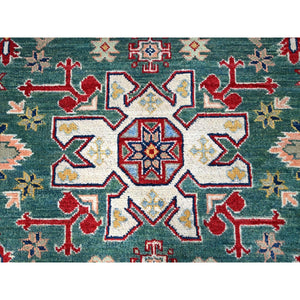 6'1"x9'2" Lush Meadow Green With Pearly White, Kazak with Throughout Geometric Motifs, Vegetable Dyes, Denser Weave, Extra Soft Wool, Hand Knotted, Oriental Rug FWR520824