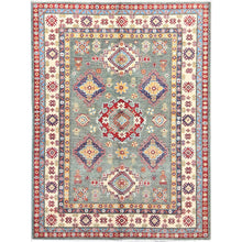 Load image into Gallery viewer, 5&#39;x6&#39;7&quot; Smoke Green and Kestrel White Border, Densely Woven Hand Knotted Kazak Design, Vegetable Dyes 100% Wool, Oriental Rug FWR520914