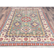 Load image into Gallery viewer, 5&#39;x6&#39;7&quot; Smoke Green and Kestrel White Border, Densely Woven Hand Knotted Kazak Design, Vegetable Dyes 100% Wool, Oriental Rug FWR520914