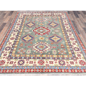 5'x6'7" Smoke Green and Kestrel White Border, Densely Woven Hand Knotted Kazak Design, Vegetable Dyes 100% Wool, Oriental Rug FWR520914