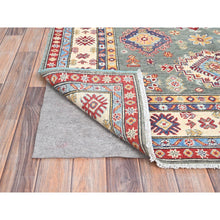 Load image into Gallery viewer, 5&#39;x6&#39;7&quot; Smoke Green and Kestrel White Border, Densely Woven Hand Knotted Kazak Design, Vegetable Dyes 100% Wool, Oriental Rug FWR520914