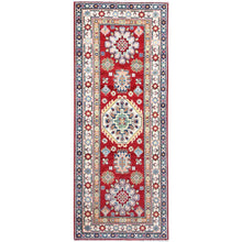 Load image into Gallery viewer, 2&#39;9&quot;x6&#39;10&quot; Turkey Red And Porcelain White With Tribal Medallions Design All Over Hand Knotted Denser Weave 100% Wool Kazak Runner Oriental Rug FWR521046