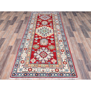 2'9"x6'10" Turkey Red And Porcelain White With Tribal Medallions Design All Over Hand Knotted Denser Weave 100% Wool Kazak Runner Oriental Rug FWR521046