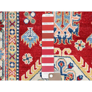 2'9"x6'10" Turkey Red And Porcelain White With Tribal Medallions Design All Over Hand Knotted Denser Weave 100% Wool Kazak Runner Oriental Rug FWR521046