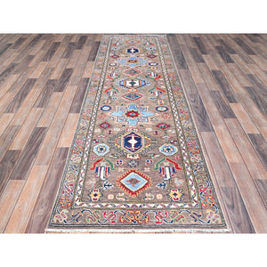 2'8"x9' Cinereous Gray, Medallions All Over, Tribal Elements All Over Vegetable Dyes Hand Knotted Natural Wool Hand Knotted Oriental Runner Rug FWR521118