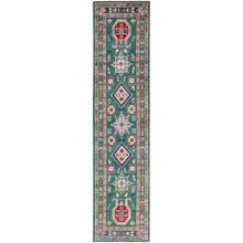 Load image into Gallery viewer, 2&#39;7&quot;x11&#39;5&quot; Hunter Green Kazak With Geometric Medallions All Over, Velvety Wool, Vegetable Dyes, Densely Woven, Hand Knotted Runner Oriental Rug FWR521172