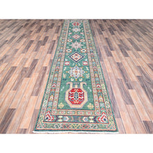 Load image into Gallery viewer, 2&#39;7&quot;x11&#39;5&quot; Hunter Green Kazak With Geometric Medallions All Over, Velvety Wool, Vegetable Dyes, Densely Woven, Hand Knotted Runner Oriental Rug FWR521172