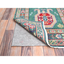 Load image into Gallery viewer, 2&#39;7&quot;x11&#39;5&quot; Hunter Green Kazak With Geometric Medallions All Over, Velvety Wool, Vegetable Dyes, Densely Woven, Hand Knotted Runner Oriental Rug FWR521172