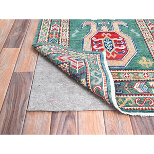 2'7"x11'5" Hunter Green Kazak With Geometric Medallions All Over, Velvety Wool, Vegetable Dyes, Densely Woven, Hand Knotted Runner Oriental Rug FWR521172