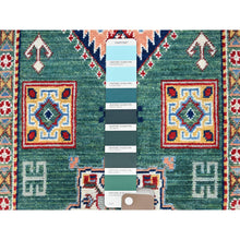 Load image into Gallery viewer, 2&#39;7&quot;x11&#39;5&quot; Hunter Green Kazak With Geometric Medallions All Over, Velvety Wool, Vegetable Dyes, Densely Woven, Hand Knotted Runner Oriental Rug FWR521172