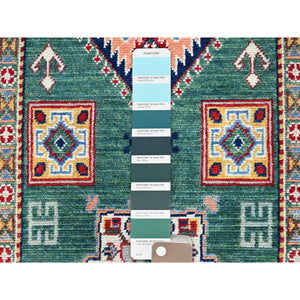 2'7"x11'5" Hunter Green Kazak With Geometric Medallions All Over, Velvety Wool, Vegetable Dyes, Densely Woven, Hand Knotted Runner Oriental Rug FWR521172