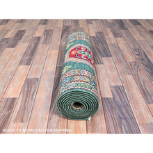 Load image into Gallery viewer, 2&#39;7&quot;x11&#39;5&quot; Hunter Green Kazak With Geometric Medallions All Over, Velvety Wool, Vegetable Dyes, Densely Woven, Hand Knotted Runner Oriental Rug FWR521172