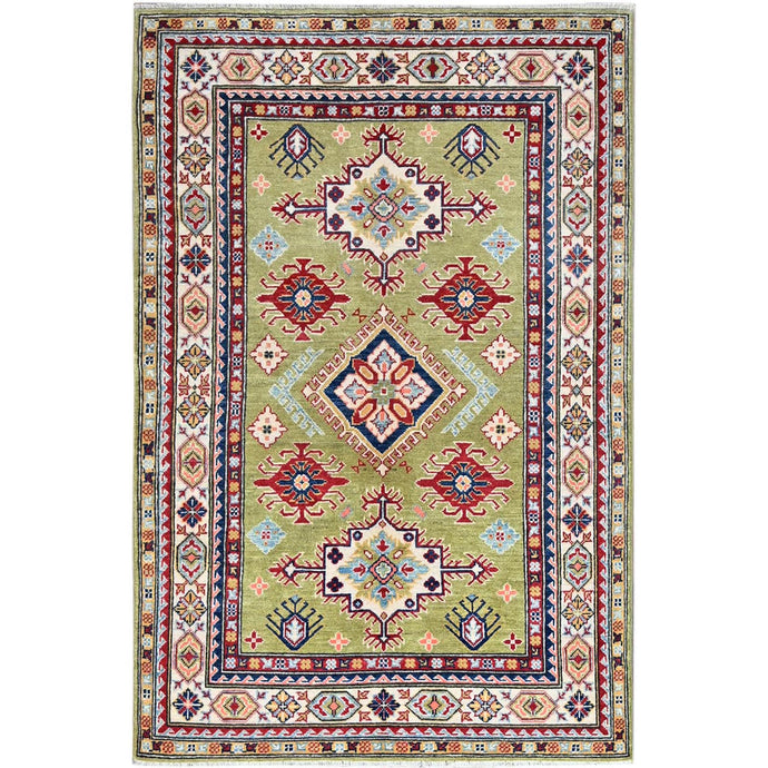 4'x6' Crayola Green, Smooth And Velvety Wool, Denser Weave, Afghan Kazak Natural Dyes Hand Knotted Oriental Rug FWR521250