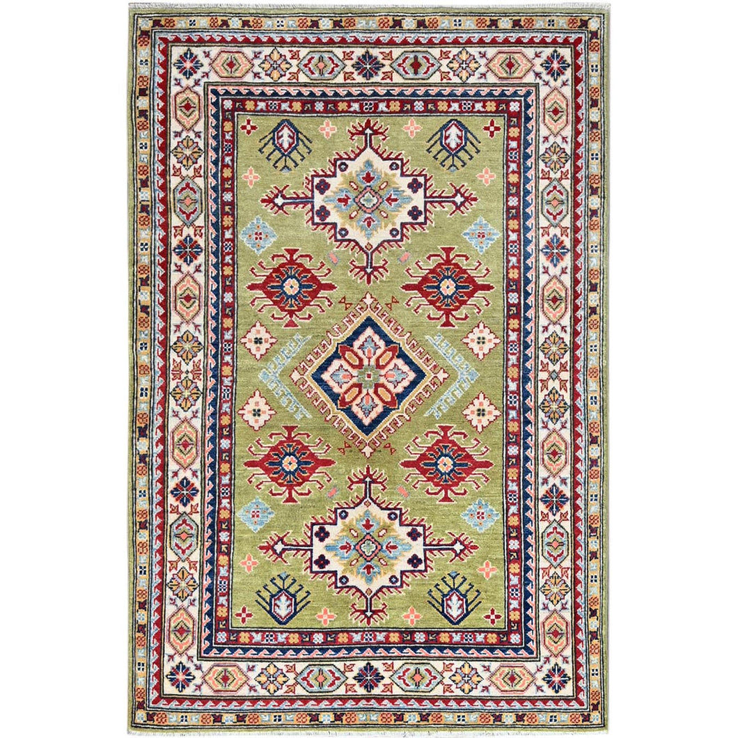 4'x6' Crayola Green, Smooth And Velvety Wool, Denser Weave, Afghan Kazak Natural Dyes Hand Knotted Oriental Rug FWR521250