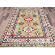 Load image into Gallery viewer, 4&#39;x6&#39; Crayola Green, Smooth And Velvety Wool, Denser Weave, Afghan Kazak Natural Dyes Hand Knotted Oriental Rug FWR521250