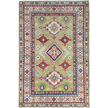 Load image into Gallery viewer, 4&#39;1&quot;x5&#39;10&quot; Crayola Green, Denser Weave, Extra Soft Wool, Hand Knotted, Natural Dyes With Tribal Medallions Kazak Oriental Rug FWR521268