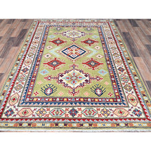 Load image into Gallery viewer, 4&#39;1&quot;x5&#39;10&quot; Crayola Green, Denser Weave, Extra Soft Wool, Hand Knotted, Natural Dyes With Tribal Medallions Kazak Oriental Rug FWR521268