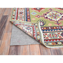 Load image into Gallery viewer, 4&#39;1&quot;x5&#39;10&quot; Crayola Green, Denser Weave, Extra Soft Wool, Hand Knotted, Natural Dyes With Tribal Medallions Kazak Oriental Rug FWR521268