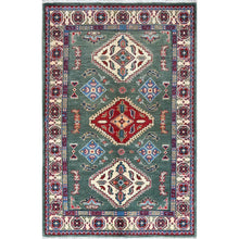 Load image into Gallery viewer, 3&#39;3&quot;x4&#39;8&quot; Laurel Green, Large Triple Geometric Motifs, Natural Dyes, Pure And Soft Wool, Hand Knotted, Afghan Kazak, Denser Weave, Oriental Rug FWR521292