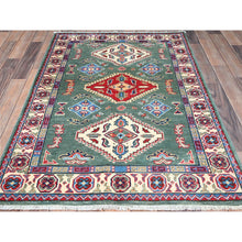 Load image into Gallery viewer, 3&#39;3&quot;x4&#39;8&quot; Laurel Green, Large Triple Geometric Motifs, Natural Dyes, Pure And Soft Wool, Hand Knotted, Afghan Kazak, Denser Weave, Oriental Rug FWR521292