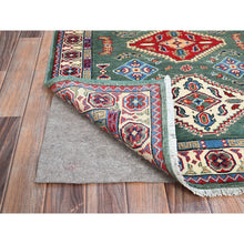 Load image into Gallery viewer, 3&#39;3&quot;x4&#39;8&quot; Laurel Green, Large Triple Geometric Motifs, Natural Dyes, Pure And Soft Wool, Hand Knotted, Afghan Kazak, Denser Weave, Oriental Rug FWR521292