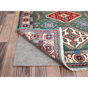 3'3"x4'8" Laurel Green, Large Triple Geometric Motifs, Natural Dyes, Pure And Soft Wool, Hand Knotted, Afghan Kazak, Denser Weave, Oriental Rug FWR521292