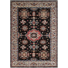 Load image into Gallery viewer, 6&#39;x8&#39;5&quot; Pitch Black, Afghan Super Kazak, All Over Motifs Design, Vibrant Wool and Densely Woven, Hand Knotted Oriental Rug FWR521340