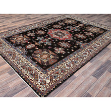 Load image into Gallery viewer, 6&#39;x8&#39;5&quot; Pitch Black, Afghan Super Kazak, All Over Motifs Design, Vibrant Wool and Densely Woven, Hand Knotted Oriental Rug FWR521340