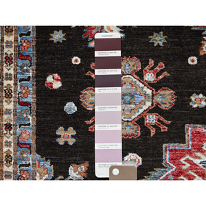 6'x8'5" Pitch Black, Afghan Super Kazak, All Over Motifs Design, Vibrant Wool and Densely Woven, Hand Knotted Oriental Rug FWR521340