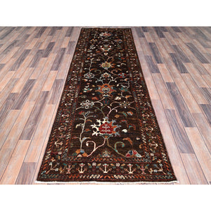 2'8"x8'5" Dark Choclate Brown, Hand Knotted, Densely Woven, Velvety Wool, Flower Blossom Design, Oriental Afghan Sultani Runner Rug FWR521382