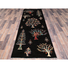 Load image into Gallery viewer, 2&#39;6&quot;x8&#39; Asphalt Black With Colorful Tribal Tree Design, Densely Woven, Organic Wool, Hand Knotted, Afghan Sultani, Oriental Runner Rug FWR521394