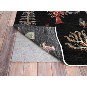 2'6"x8' Asphalt Black With Colorful Tribal Tree Design, Densely Woven, Organic Wool, Hand Knotted, Afghan Sultani, Oriental Runner Rug FWR521394