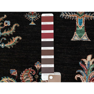 2'6"x8' Asphalt Black With Colorful Tribal Tree Design, Densely Woven, Organic Wool, Hand Knotted, Afghan Sultani, Oriental Runner Rug FWR521394