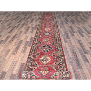 2'8"x20'10" Fire Brick Red, Geometric Medallions Design, 100% Wool, Afghan Super Kazak, Natural Dyes, , Denser Weave, Hand Knotted, XL Runner Oriental Rug FWR521478