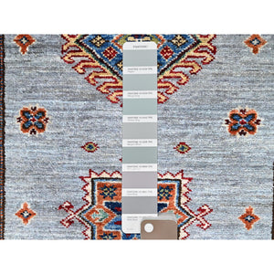 2'9"x18'2" Jubilee Gray and Cosmic Latte White, Vegetable Dyes, Denser Weave Organic Wool, Hand Knotted Afghan Super Kazak with Tribal Geometric Medallions, XL Runner Oriental Rug FWR521496