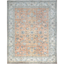 Load image into Gallery viewer, 9&#39;9&quot;x12&#39;5&quot; Burnt Sienna Pink, Antiqued Persian Tabriz, Cropped Thin, Evenly Worn Oragnic Wool Hand Knotted, Sheared Low Distressed Look, All Over Floral Design, Clean with Sides and Ends Professionally Secured, Oriental Rug FWR521544