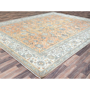 9'9"x12'5" Burnt Sienna Pink, Antiqued Persian Tabriz, Cropped Thin, Evenly Worn Oragnic Wool Hand Knotted, Sheared Low Distressed Look, All Over Floral Design, Clean with Sides and Ends Professionally Secured, Oriental Rug FWR521544