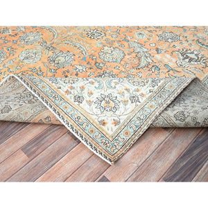 9'9"x12'5" Burnt Sienna Pink, Antiqued Persian Tabriz, Cropped Thin, Evenly Worn Oragnic Wool Hand Knotted, Sheared Low Distressed Look, All Over Floral Design, Clean with Sides and Ends Professionally Secured, Oriental Rug FWR521544